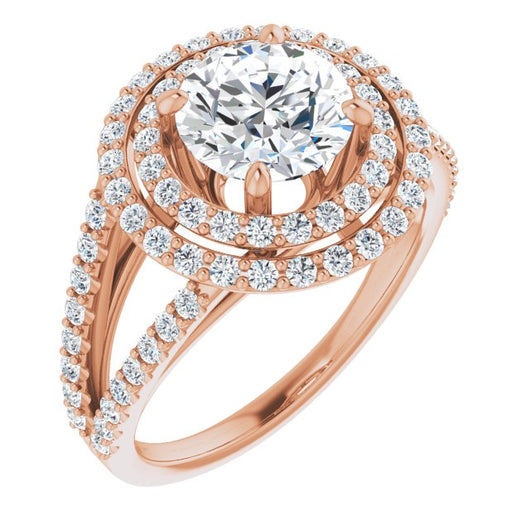 10K Rose Gold Customizable Round Cut Design with Double Halo and Wide Split-Pavé Band