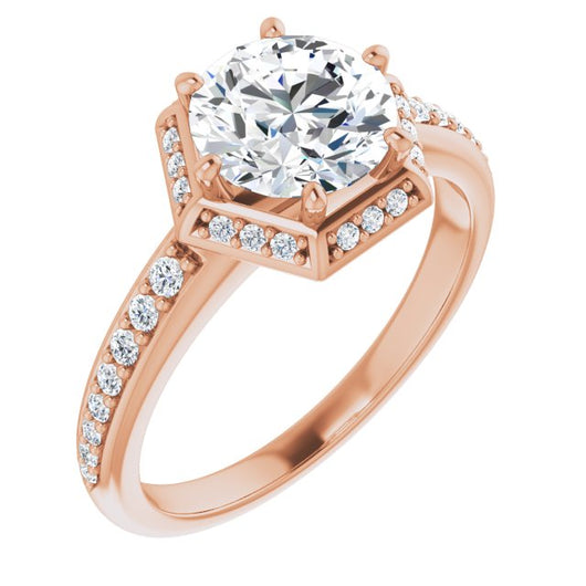 10K Rose Gold Customizable Round Cut Design with Geometric Under-Halo and Shared Prong Band