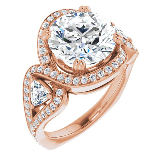 10K Rose Gold Customizable Round Cut Center with Twin Trillion Accents, Twisting Shared Prong Split Band, and Halo