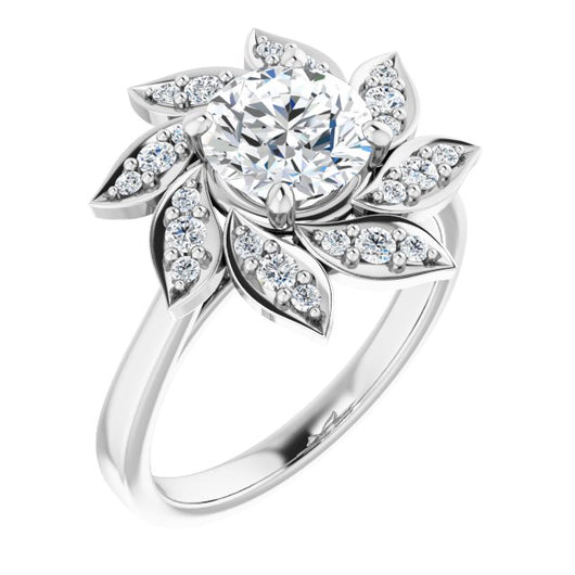 10K White Gold Customizable Round Cut Design with Artisan Floral Halo