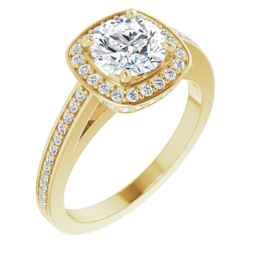 10K Yellow Gold Customizable Cathedral-set Round Cut Design with Halo, Thin Pavé Band & Round-Bezel Peekaboos