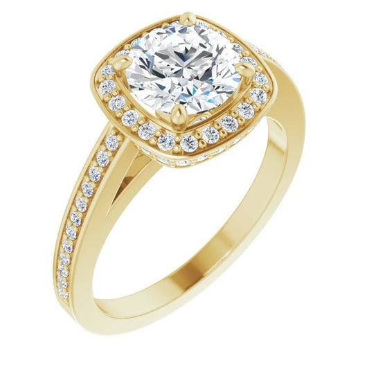 10K Yellow Gold Customizable Cathedral-set Round Cut Design with Halo, Thin Pavé Band & Round-Bezel Peekaboos