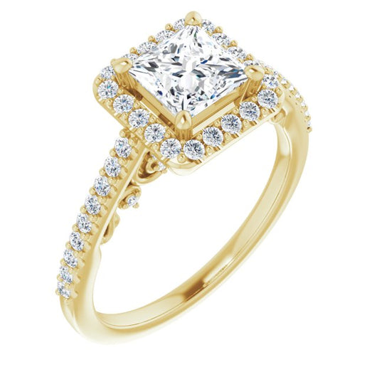 10K Yellow Gold Customizable Cathedral-Halo Princess/Square Cut Design with Carved Metal Accent plus Pavé Band