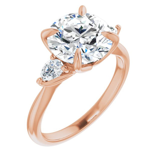 10K Rose Gold Customizable 3-stone Design with Round Cut Center and Dual Large Pear Side Stones