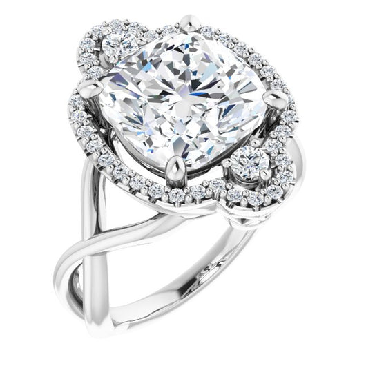 10K White Gold Customizable Vertical 3-stone Cushion Cut Design Enhanced with Multi-Halo Accents and Twisted Band