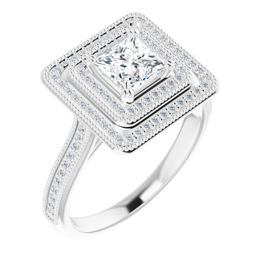 10K White Gold Customizable Princess/Square Cut Design with Elegant Double Halo, Houndstooth Milgrain and Band-Channel Accents