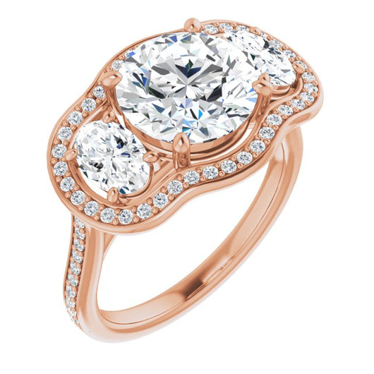 10K Rose Gold Customizable Round Cut Style with Oval Cut Accents, 3-stone Halo & Thin Shared Prong Band