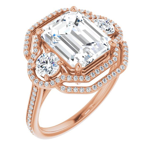 10K Rose Gold Customizable Enhanced 3-stone Double-Halo Style with Emerald/Radiant Cut Center and Thin Band