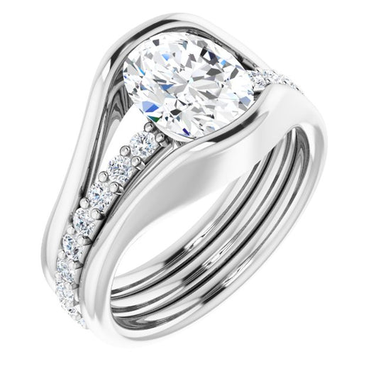 10K White Gold Customizable Bezel-set Oval Cut Style with Thick Pavé Band