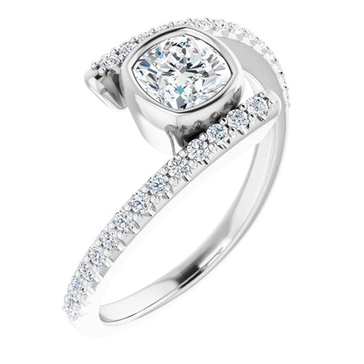 10K White Gold Customizable Bezel-set Cushion Cut Design with Bypass Pavé Band