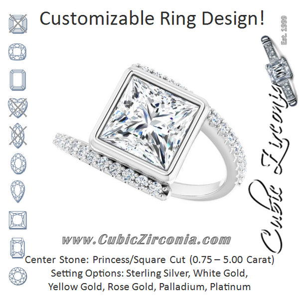 Cubic Zirconia Engagement Ring- The Pocahontas (Customizable Bezel-set Princess/Square Cut Design with Bypass Pavé Band)