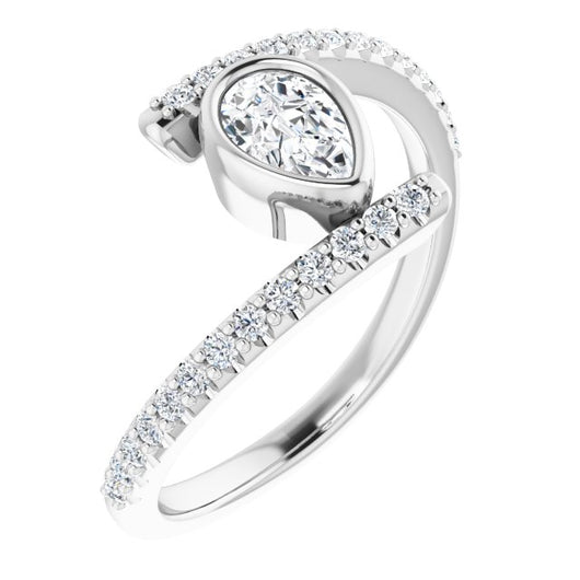 10K White Gold Customizable Bezel-set Pear Cut Design with Bypass Pavé Band