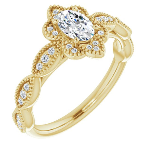 10K Yellow Gold Customizable Cathedral-style Oval Cut Design with Floral Segmented Halo & Milgrain+Accents Band