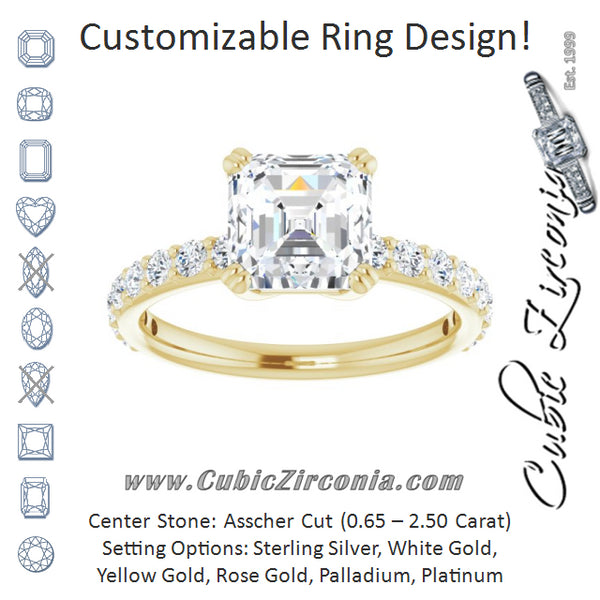 Cubic Zirconia Engagement Ring- The Chandita (Customizable Asscher Cut Design with Large Round Cut 3/4 Band Accents)