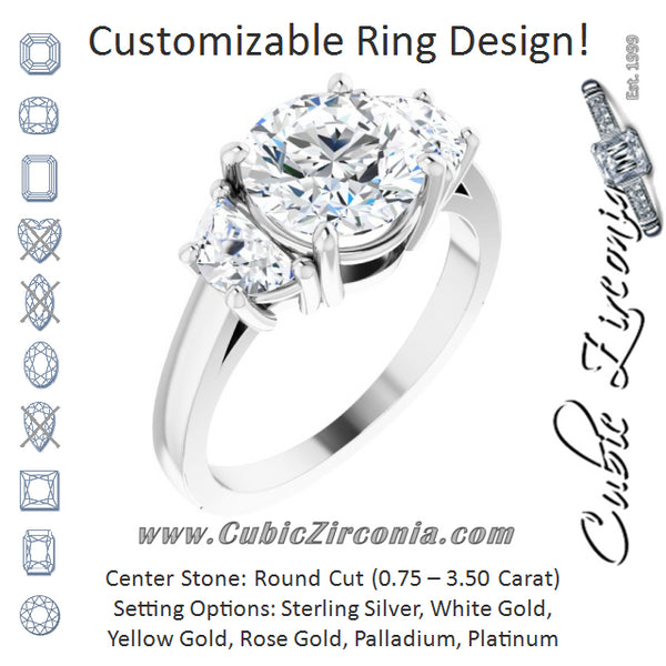 Cubic Zirconia Engagement Ring- The Bree (Customizable 3-stone Design with Round Cut Center and Half-moon Side Stones)