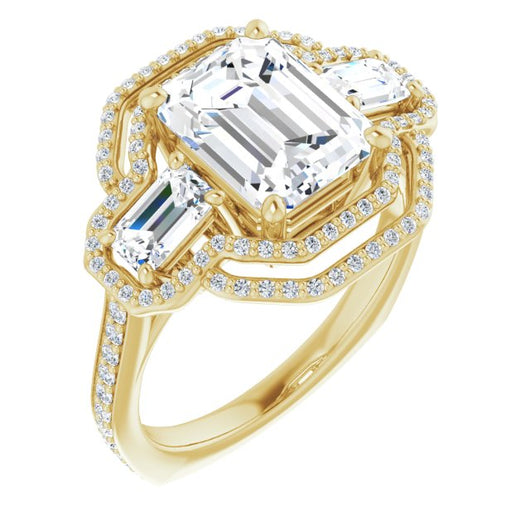 10K Yellow Gold Customizable Enhanced 3-stone Style with Emerald/Radiant Cut Center, Emerald Cut Accents, Double Halo and Thin Shared Prong Band