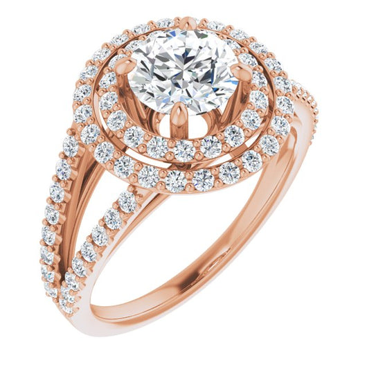 10K Rose Gold Customizable Round Cut Design with Double Halo and Wide Split-Pavé Band