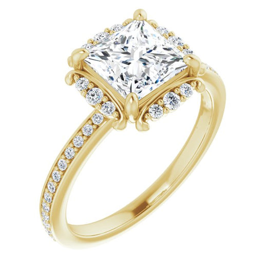 10K Yellow Gold Customizable Princess/Square Cut Style with Halo and Thin Shared Prong Band