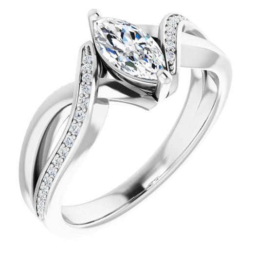 10K White Gold Customizable Marquise Cut Center with Curving Split-Band featuring One Shared Prong Leg