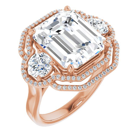 10K Rose Gold Customizable Cathedral-set Enhanced 3-stone Emerald/Radiant Cut Design with Multidirectional Halo