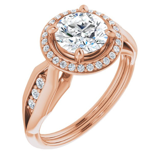 10K Rose Gold Customizable Cathedral-raised Round Cut Design with Halo and Tri-Cluster Band Accents