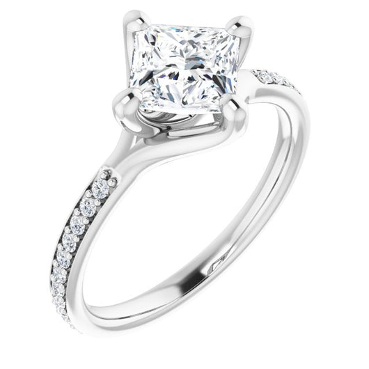 10K White Gold Customizable Princess/Square Cut Design featuring Thin Band and Shared-Prong Round Accents