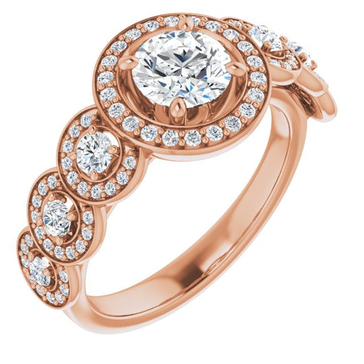 10K Rose Gold Customizable Cathedral-set Round Cut 7-stone style Enhanced with 7 Halos