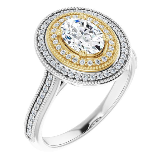 14K White & Yellow Gold Customizable Oval Cut Design with Elegant Double Halo, Houndstooth Milgrain and Band-Channel Accents