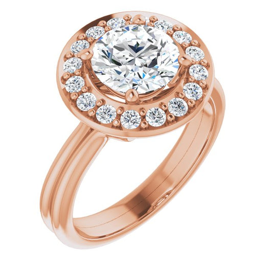 10K Rose Gold Customizable Cluster-Halo Accented Round Cut Style with Tapered Dual Band