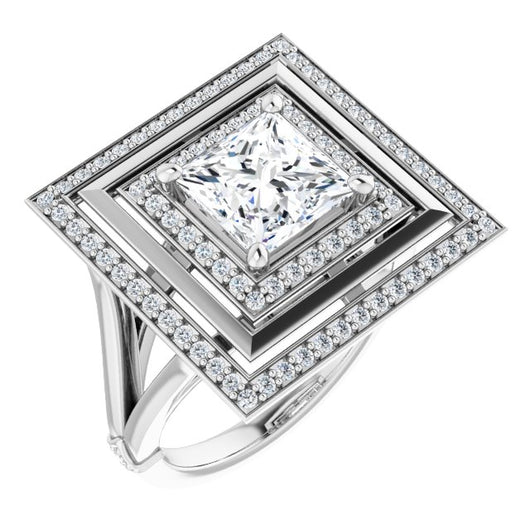 10K White Gold Customizable Princess/Square Cut Oversized 2x Halo Style with Knuckle Accented Split Band