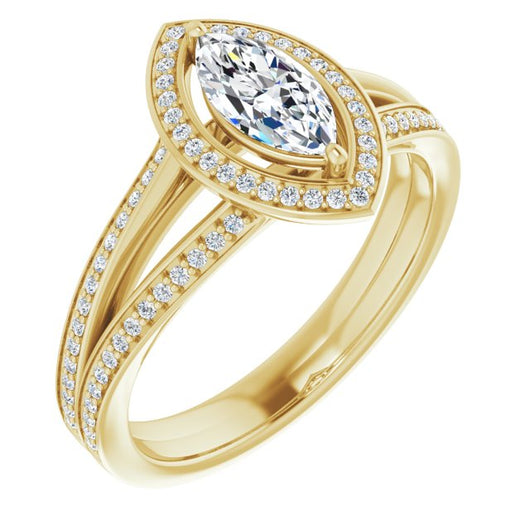 10K Yellow Gold Customizable Marquise Cut Design with Split-Band Shared Prong & Halo