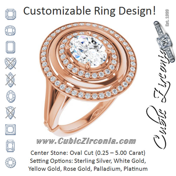 Cubic Zirconia Engagement Ring- The Allie (Customizable Oval Cut Oversized 2x Halo Style with Knuckle Accented Split Band)