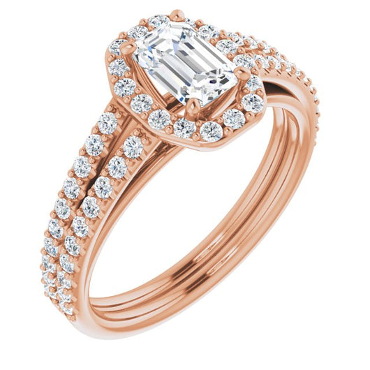 10K Rose Gold Customizable Cathedral Emerald/Radiant Cut Design with Geometric Halo & Split Pavé Band