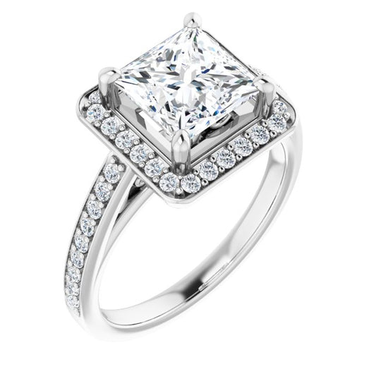 10K White Gold Customizable Princess/Square Cut Style with Halo and Sculptural Trellis