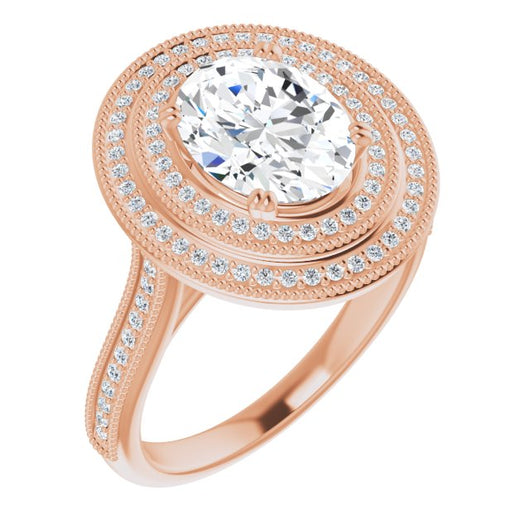 10K Rose Gold Customizable Oval Cut Design with Elegant Double Halo, Houndstooth Milgrain and Band-Channel Accents