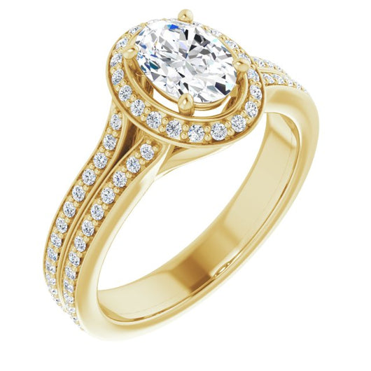 10K Yellow Gold Customizable Cathedral-raised Oval Cut Setting with Halo and Shared Prong Band