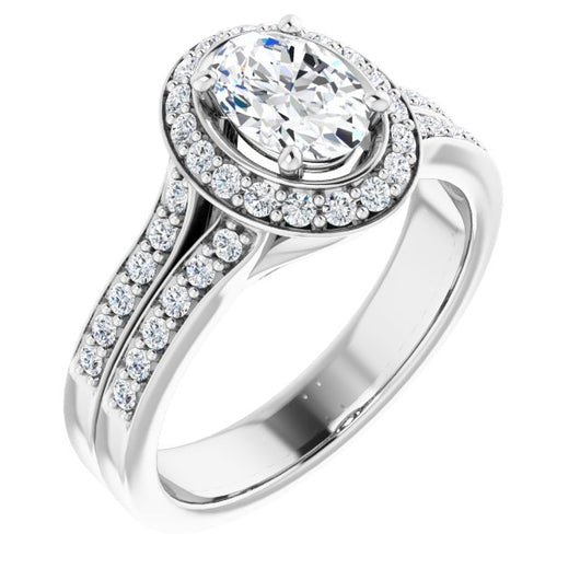 10K White Gold Customizable Oval Cut Halo Style with Accented Split-Band