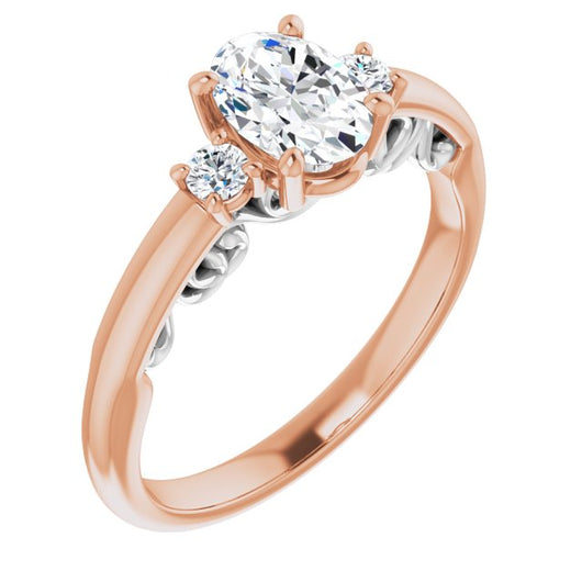 14K Rose & White Gold Customizable Oval Cut 3-stone Style featuring Heart-Motif Band Enhancement