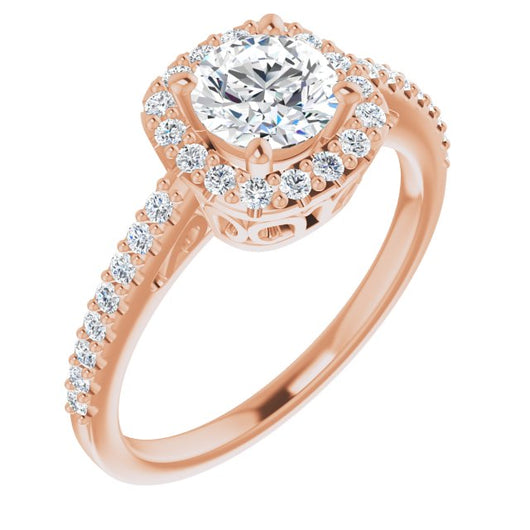 10K Rose Gold Customizable Cathedral-Crown Round Cut Design with Halo and Accented Band