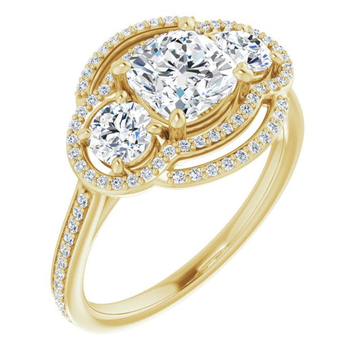 10K Yellow Gold Customizable Enhanced 3-stone Double-Halo Style with Cushion Cut Center and Thin Band