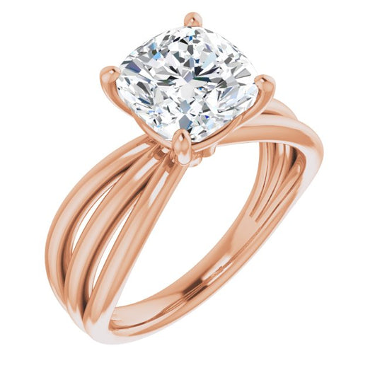 10K Rose Gold Customizable Cushion Cut Solitaire Design with Wide, Ribboned Split-band