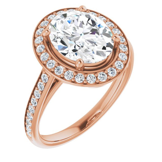 10K Rose Gold Customizable Cathedral-raised Oval Cut Halo-and-Accented Band Design