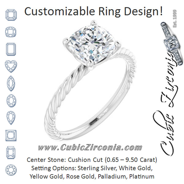 Cubic Zirconia Engagement Ring- The Donna Lea (Customizable Cushion Cut Solitaire featuring Braided Rope Band)