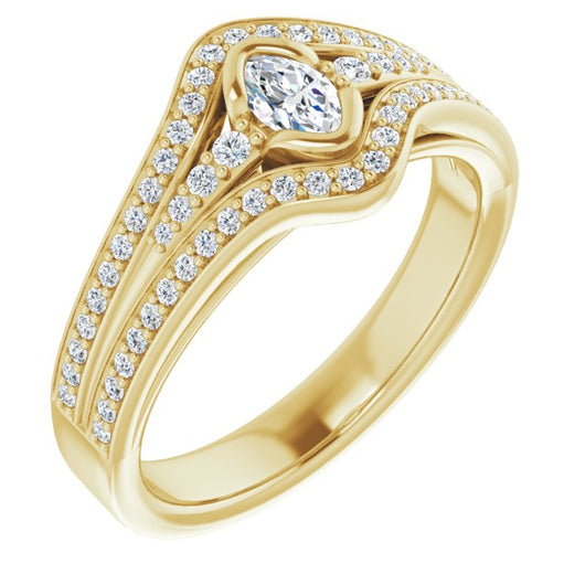 10K Yellow Gold Customizable Cathedral-Bezel Marquise Cut Design with Wide Triple-Split-Pavé Band