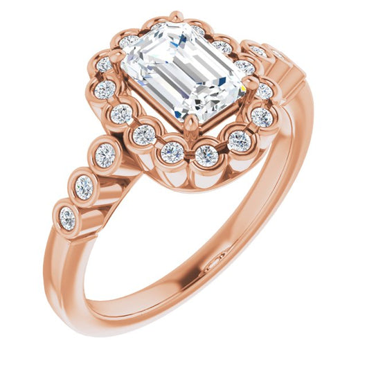 10K Rose Gold Customizable Emerald/Radiant Cut Design with Round-bezel Halo and Band Accents