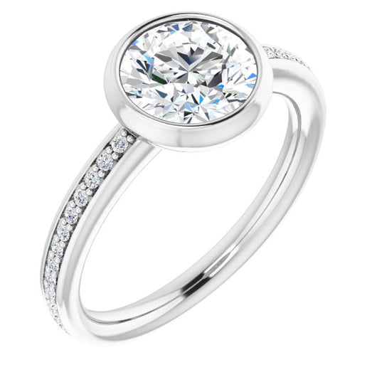 10K White Gold Customizable Bezel-Set Round Cut Center with Thin Shared Prong Band