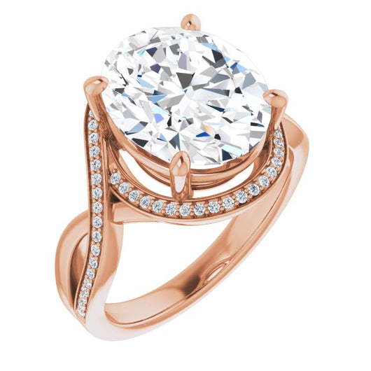 10K Rose Gold Customizable Bypass-Halo-Accented Oval Cut Center with Twisting Split Shared Prong Band