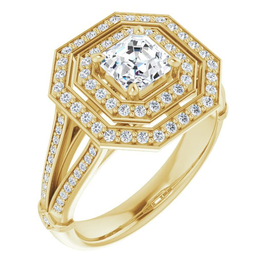 10K Yellow Gold Customizable Cathedral-set Asscher Cut Design with Double Halo, Wide Split-Shared Prong Band and Side Knuckle Accents