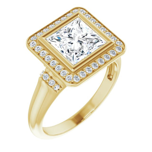 10K Yellow Gold Customizable Bezel-set Princess/Square Cut Design with Halo and Vertical Round Channel Accents