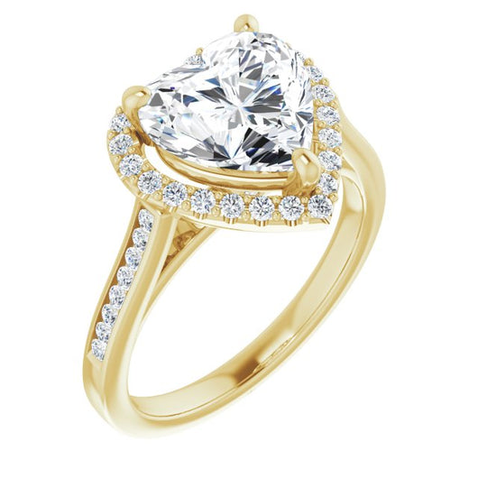 10K Yellow Gold Customizable Heart Cut Design with Halo, Round Channel Band and Floating Peekaboo Accents